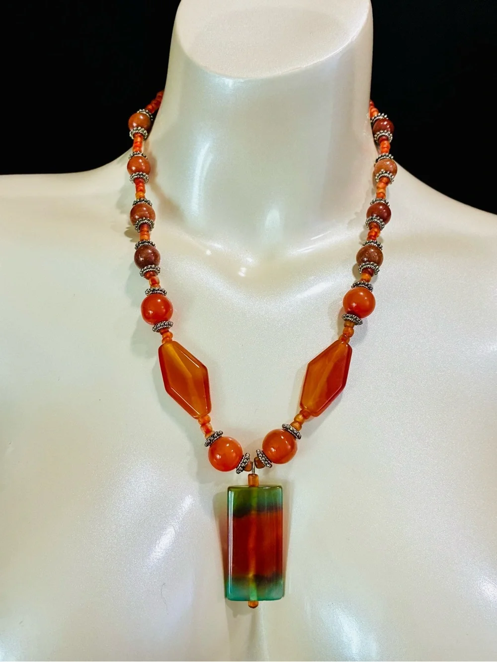 Orange Beaded Natural Stone Necklace with Multicolor Rectangular Pendant VTG EUC
